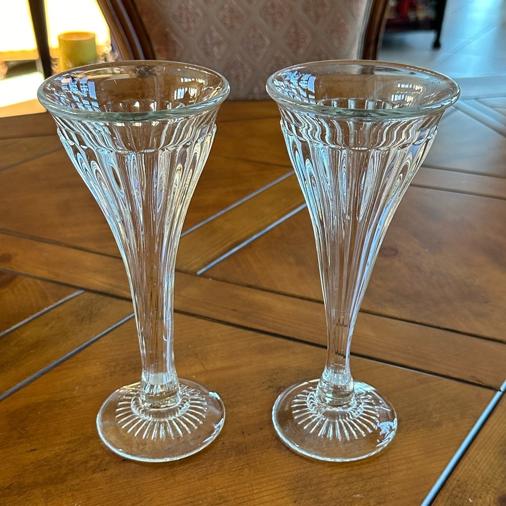Vintage (set of 2)  glass 9” tall trumpet vases, champagne flutes shelf supports